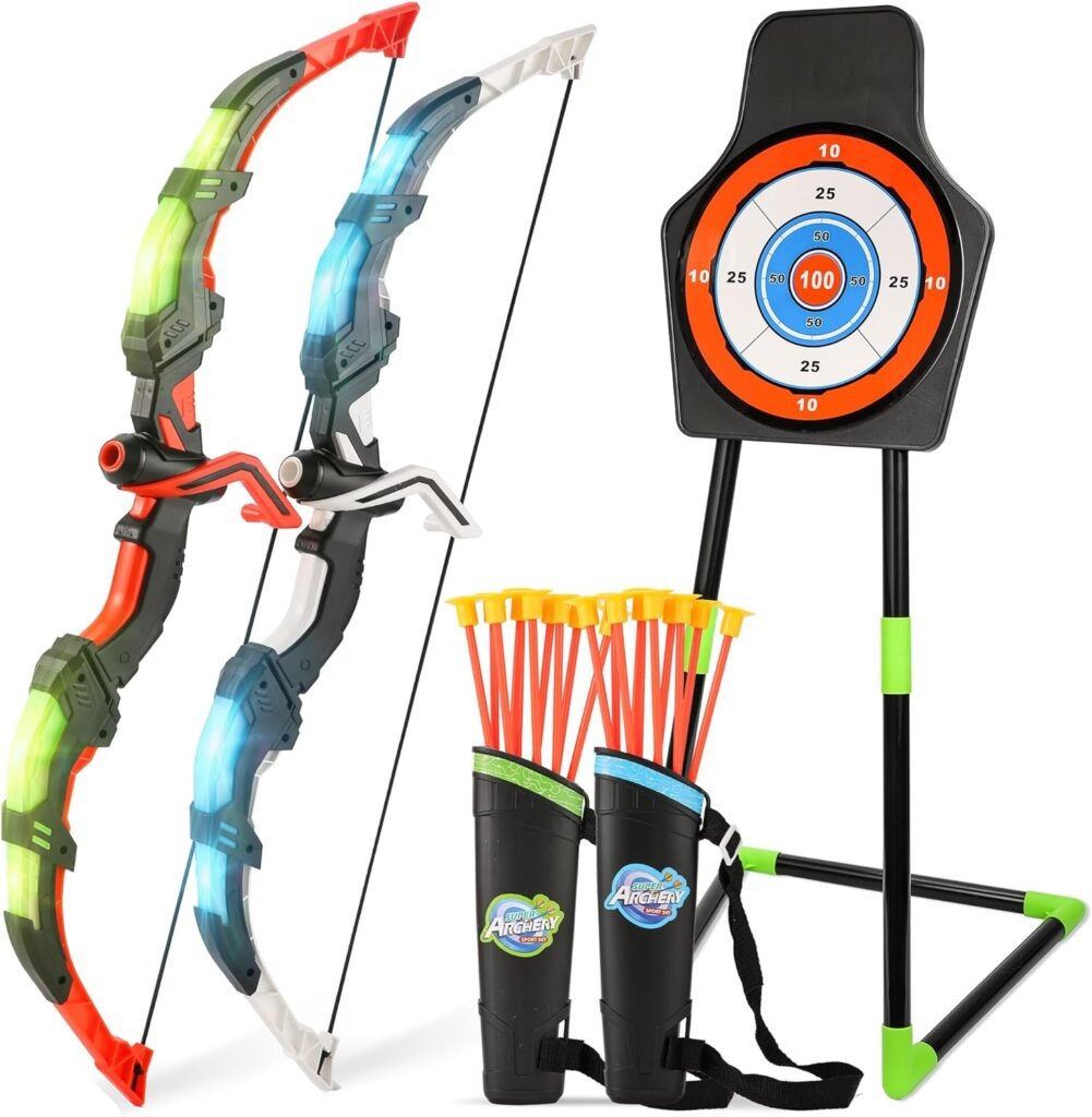 Bow and Arrow Set for Kids, 2-Pack LED Light Up Archery Set with 20 Suction Cup Arrows, Archery Toy Set with Standing Target  2 Quivers, Bow and Arrows Set Toy Gift for Boys Girls Children Age 3-12