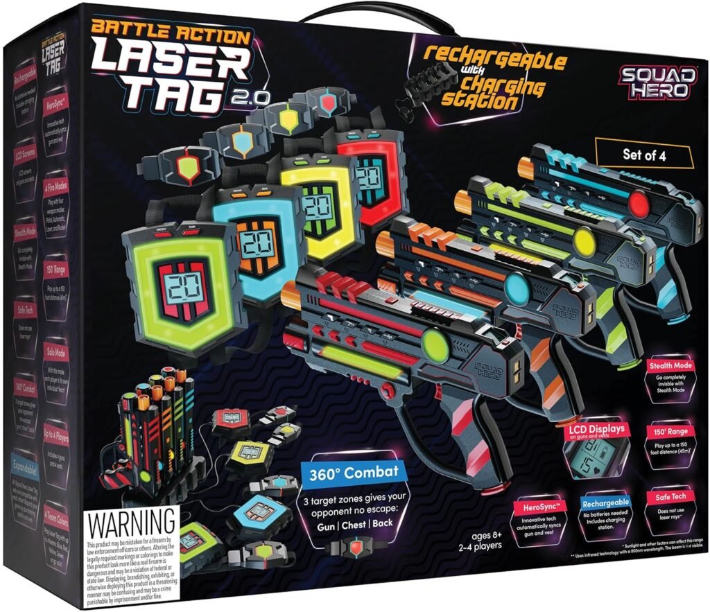 Rechargeable Laser Tag 360° Sensors + LCDs - Set of 4 - Gift Ideas for Kids Teens and Adults Boys  Girls Family Fun - Cool Teenage Christmas Lazer Group Activity - Teen Gifts Ages 8+ Year Old Boy
