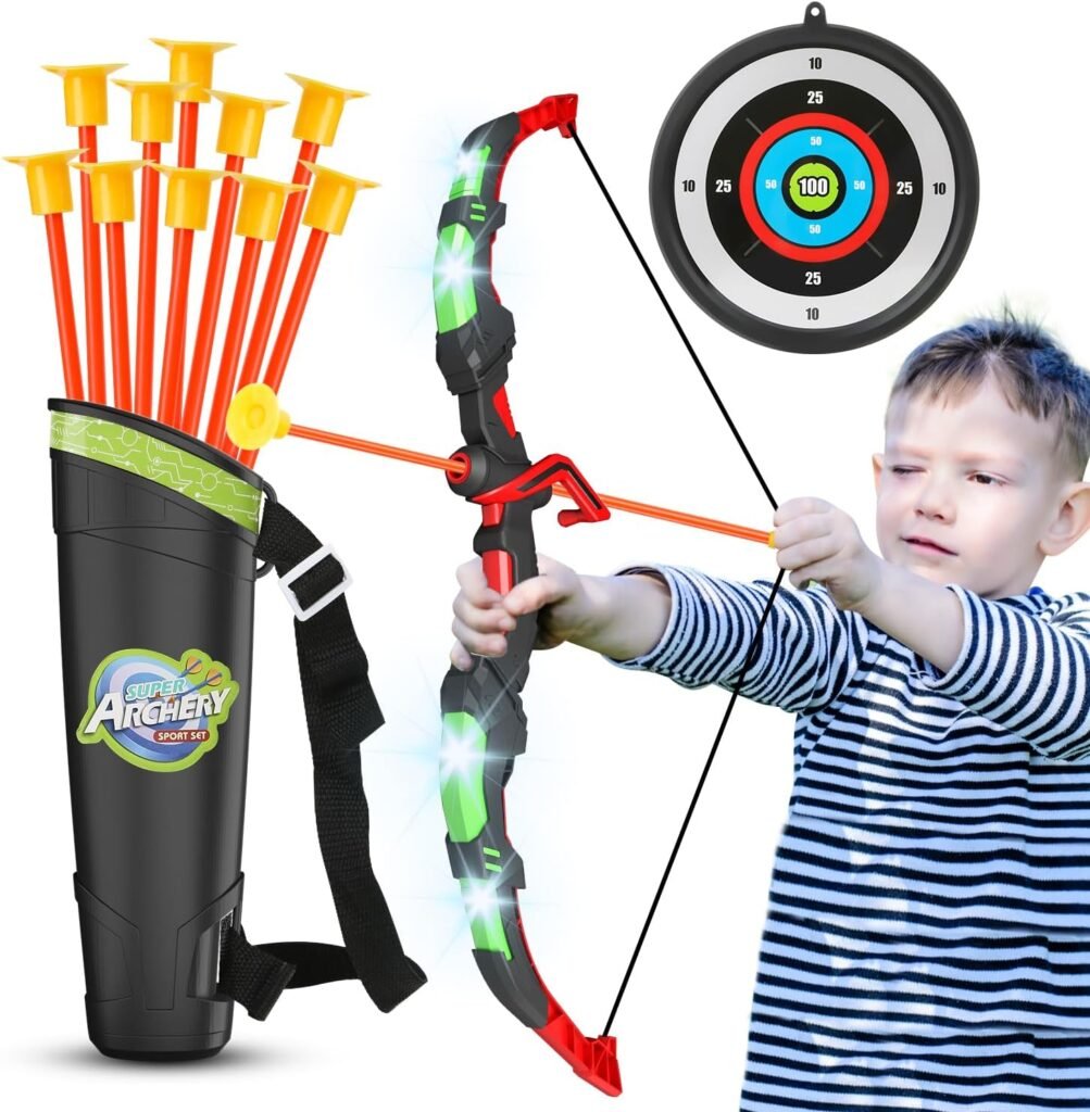 YANLLY Kids Bow and Arrow Set, LED Light Up Archery Toys Set for Kids Ages 4-8 8-12, with 10 Suction Cup Arrows, Target  Quiver, Boys Girls Christmas Birthday Gift Ideas, Indoor Outdoor Kids Toys