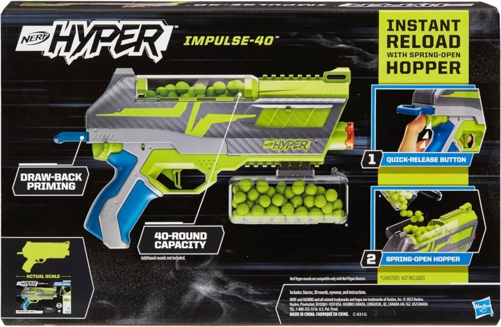 NERF Hyper Impulse-40 Blaster, 30 Nerf Hyper Rounds, Spring-Open Instant Reload Hopper, Up to 110 FPS Velocity, Eyewear Included