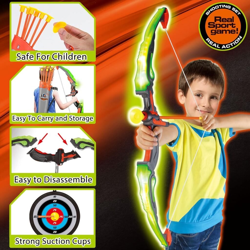 NIDUYONG Bow and Arrow for Kids 8-12, Archery Play Set with Luminous Bow, Toy Set with LED Light, Includes 6 Suction Cup Arrows, Target and Quiver, Indoor  Outdoor Toy for Children Boys  Girl 3-12