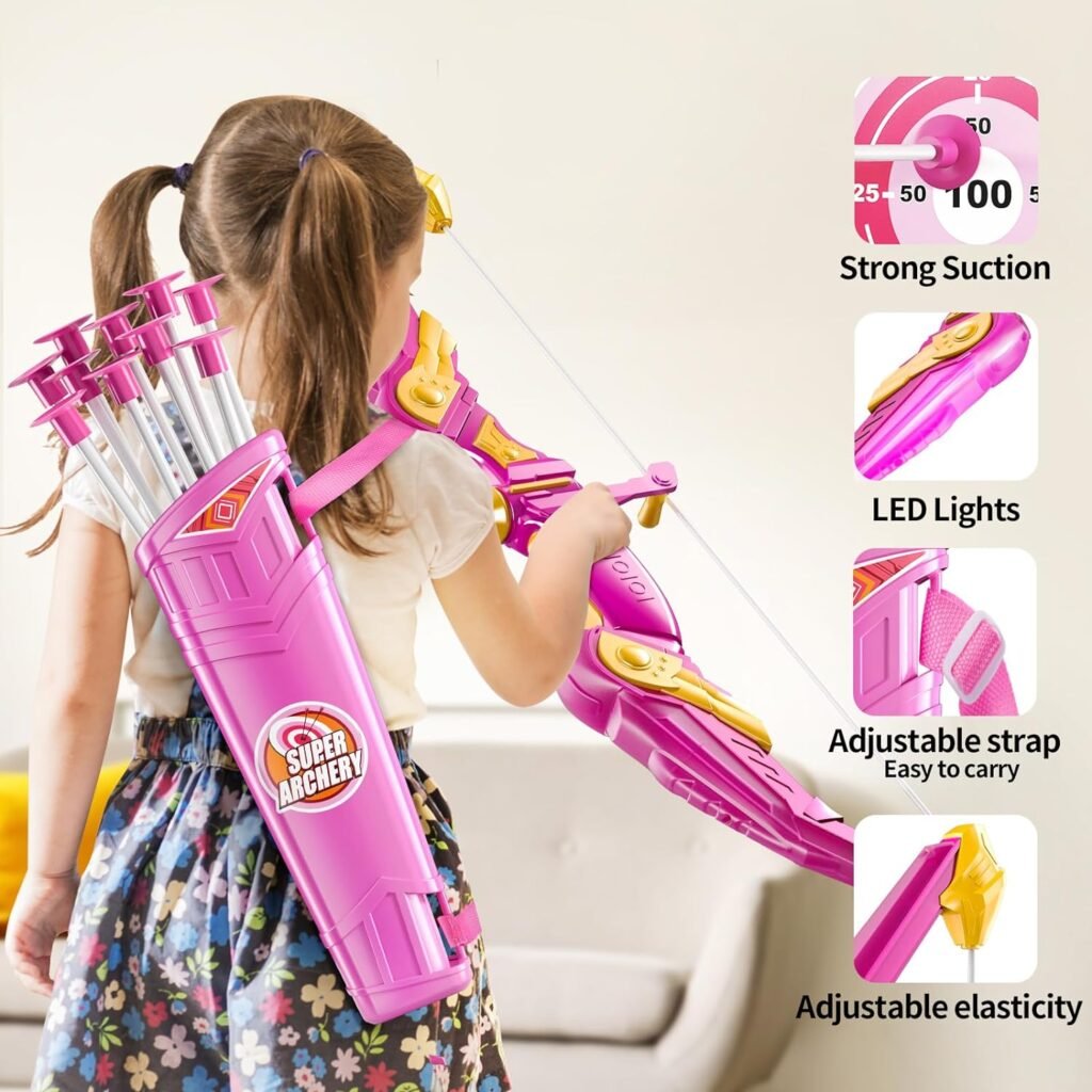 TEMI Kids Bow and Arrow Set - LED Light Up Archery Toy Set with 10 Suction Cup Arrows, Target  Quiver, Indoor and Outdoor Toys for Children Boys Girls