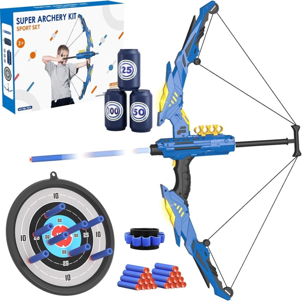 Bow and Arrow for Kids, LED Light Up Archery Set with 20 Suction Cup Arrows, 1 Hanging Target, 3 Score Targets  1 Wrist Band, Indoor Outdoor Sport Gifts for Boys Girls Ages 4-12, White