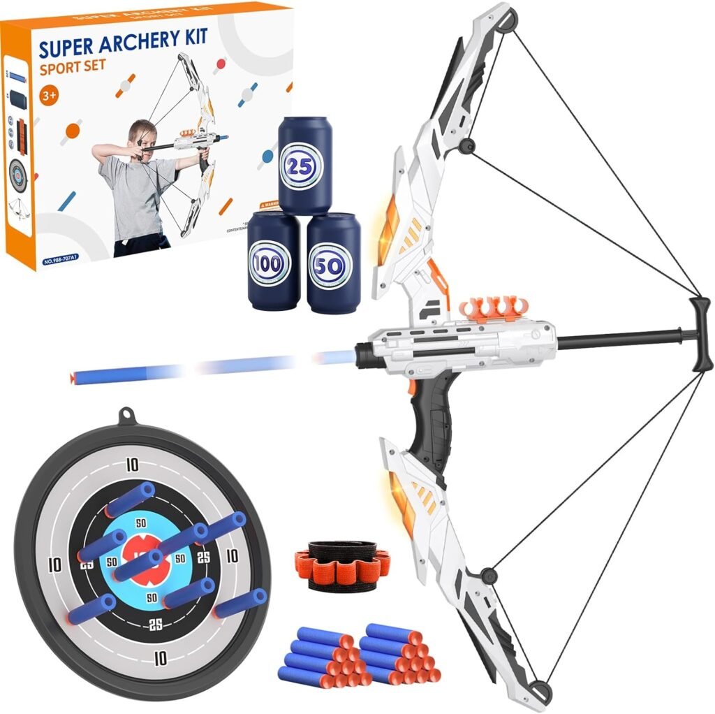 Bow and Arrow for Kids, LED Light Up Archery Set with 20 Suction Cup Arrows, 1 Hanging Target, 3 Score Targets  1 Wrist Band, Indoor Outdoor Sport Gifts for Boys Girls Ages 4-12, White