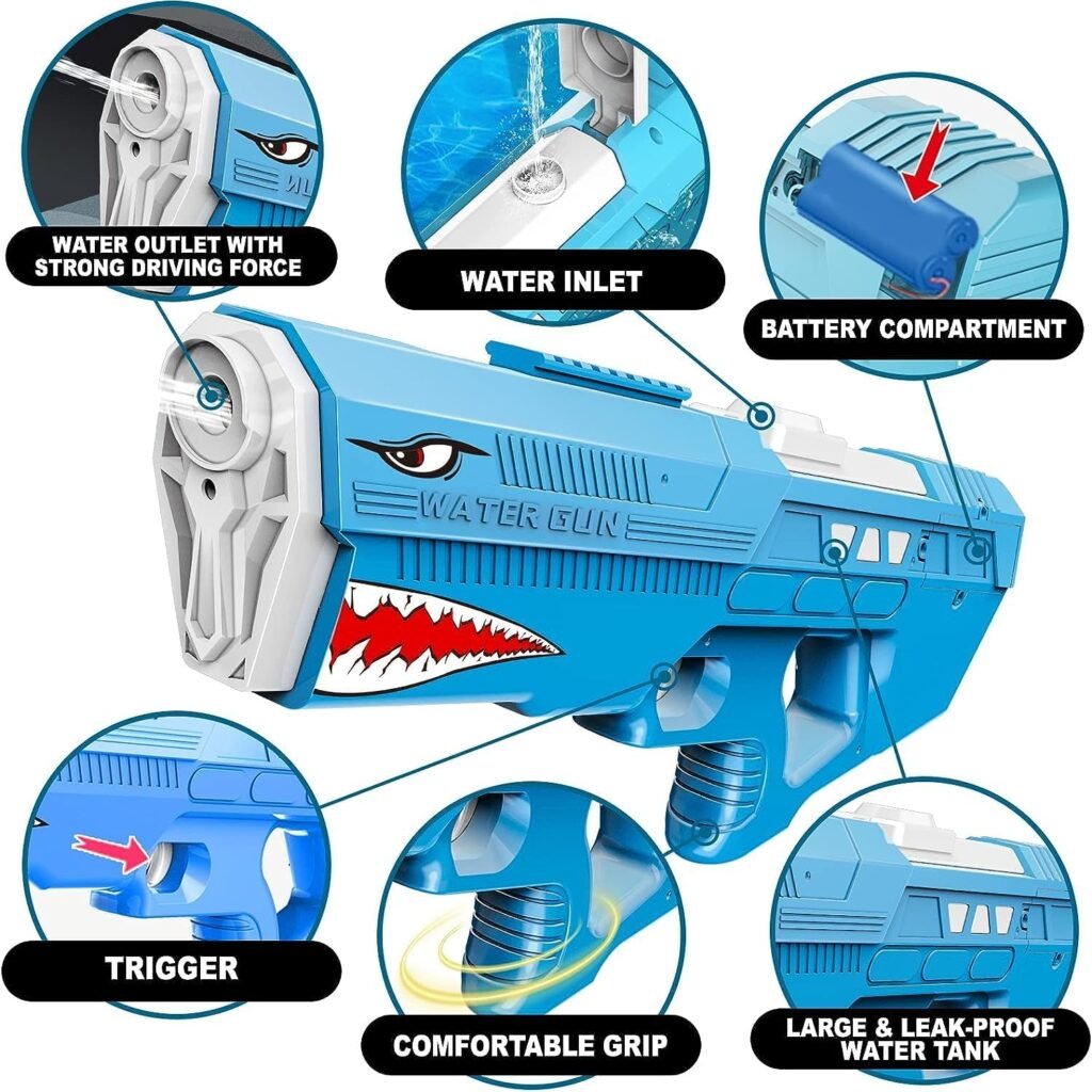 Electric Shark Water Gun Toy for Kids - Full Auto Water Pistol Grip Guns for Kids  Adults, Automatic Water Squirt Gun with 600cc Capacity, 39ft Range, Waterproof, Rechargeable USB Battery