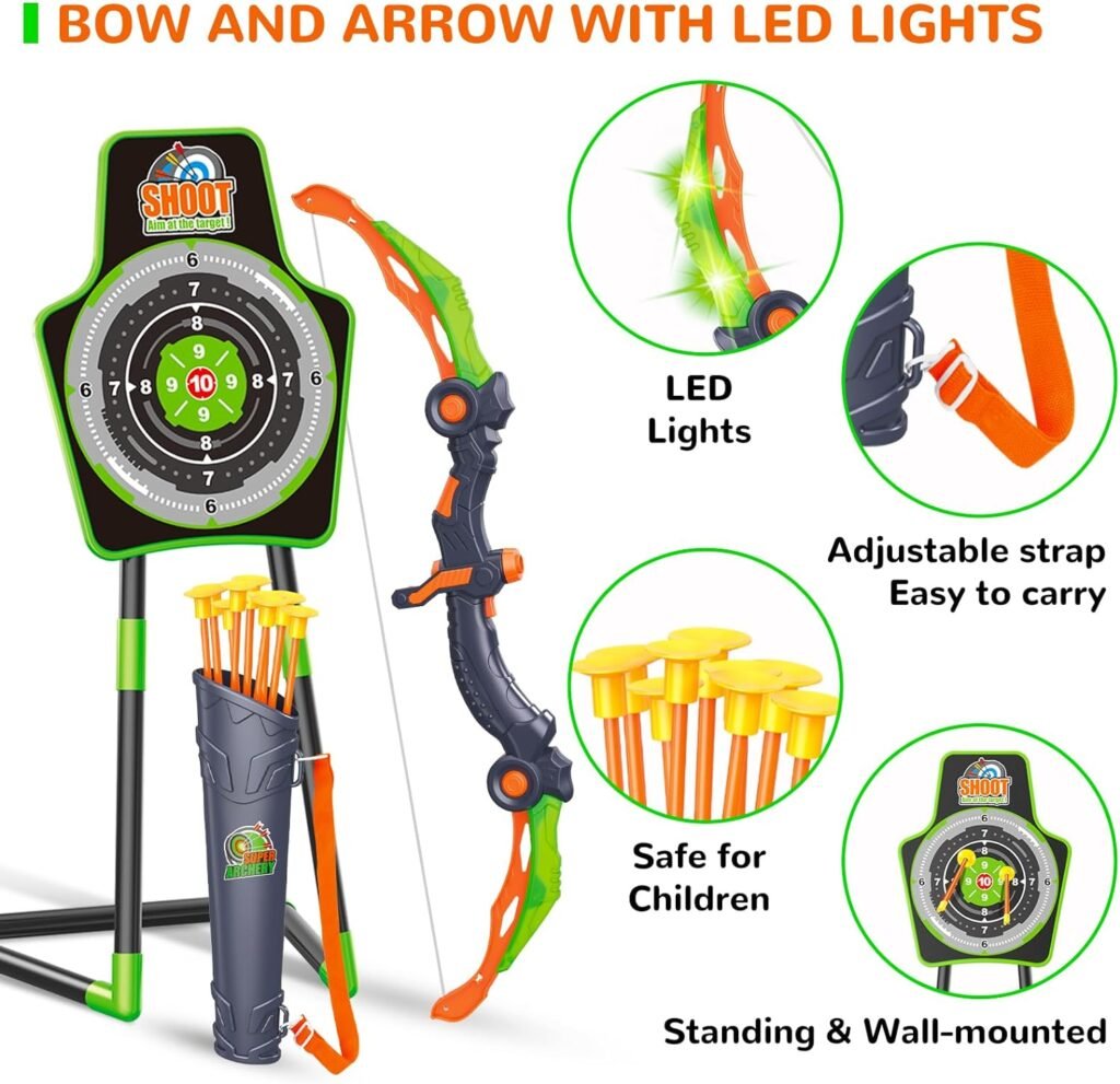 GMAOPHY Bow and Arrow Toys for Kids, Archery Set Includes Super Bow with LED Lights, 10 Suction Cups Arrows,Archery Set with Standing Target and 3 Target Cans for Boys Girls