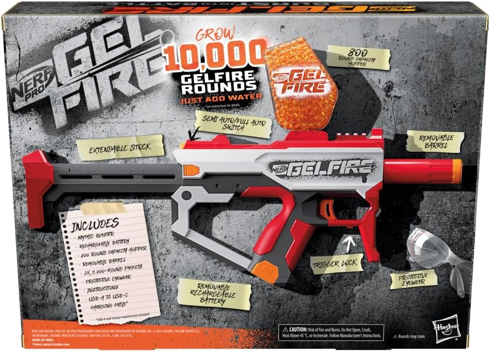 Nerf Pro Gelfire Mythic Full Auto Blaster  10,000 Gelfire Rounds, 800 Round Hopper, Rechargeable Battery, Eyewear, Ages 14  Up