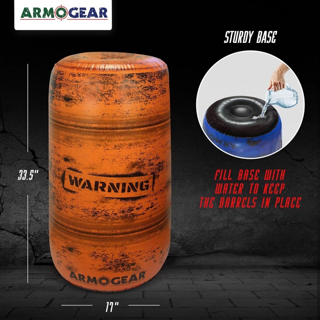 ArmoGear Inflatable Barrels for Laser Tag, Squirt Guns, and Paintball | Set of 4 Barrels for Arena or Battlefield Bunkers with Air Pump and Adhesive Patches | Outdoor Toy for Ages 8 Plus