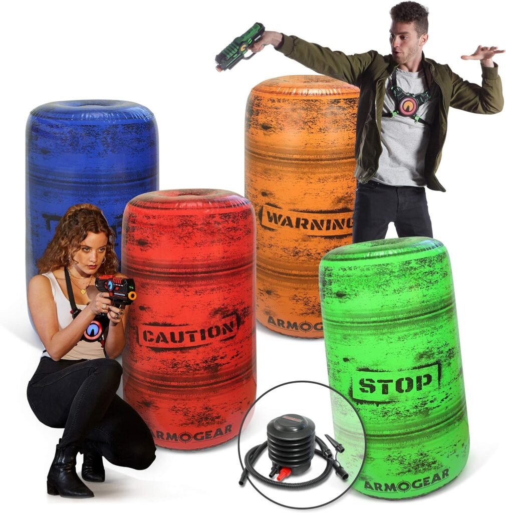 ArmoGear Inflatable Barrels for Laser Tag, Squirt Guns, and Paintball | Set of 4 Barrels for Arena or Battlefield Bunkers with Air Pump and Adhesive Patches | Outdoor Toy for Ages 8 Plus