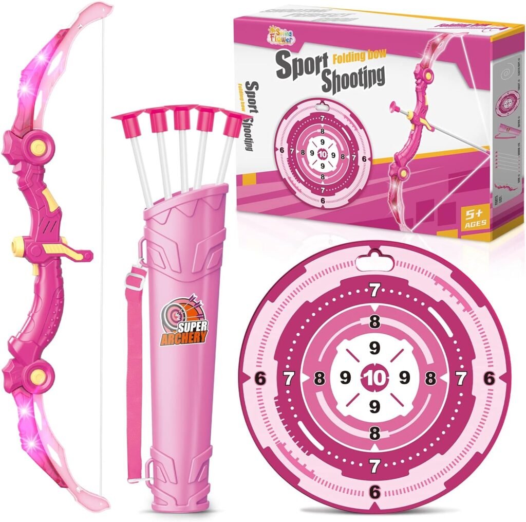 Bow and Arrow Toys for Girls 5 6 7 8 Years Old, Archery Set Includes Super Bow with LED Lights, 10 Suction Cups Arrows,Archery Set with Standing Target and 3 Target Cans, for Girls
