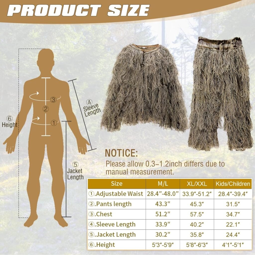 DoCred Ghillie Suit, 3D Camouflage Hunting Apparel Including Jacket, Pants, Hood, Carry Bag, Ghillie Suit for Men/Adult/Youth