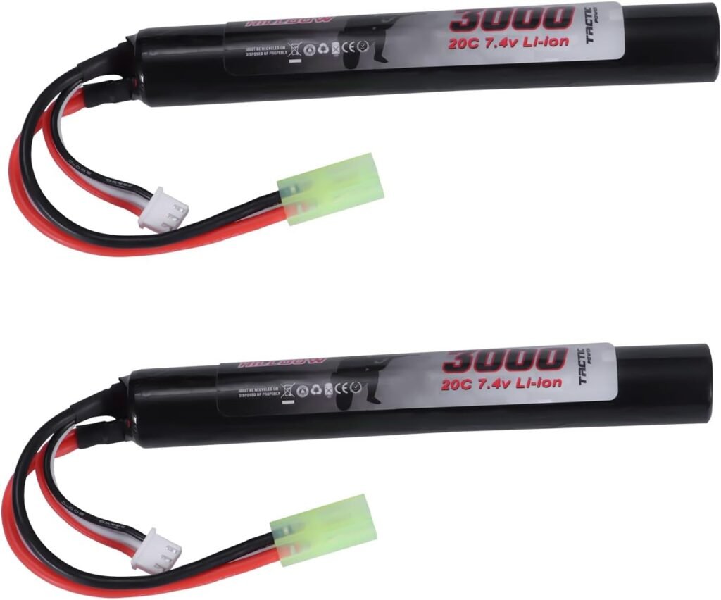 Hilldow 7.4V Airsoft Battery 3000mAh 20C Rechargeable Batteries High Performance Compatible with Mini Tamiya Plug for Airsoft Guns Rifle Model (2 Packs)