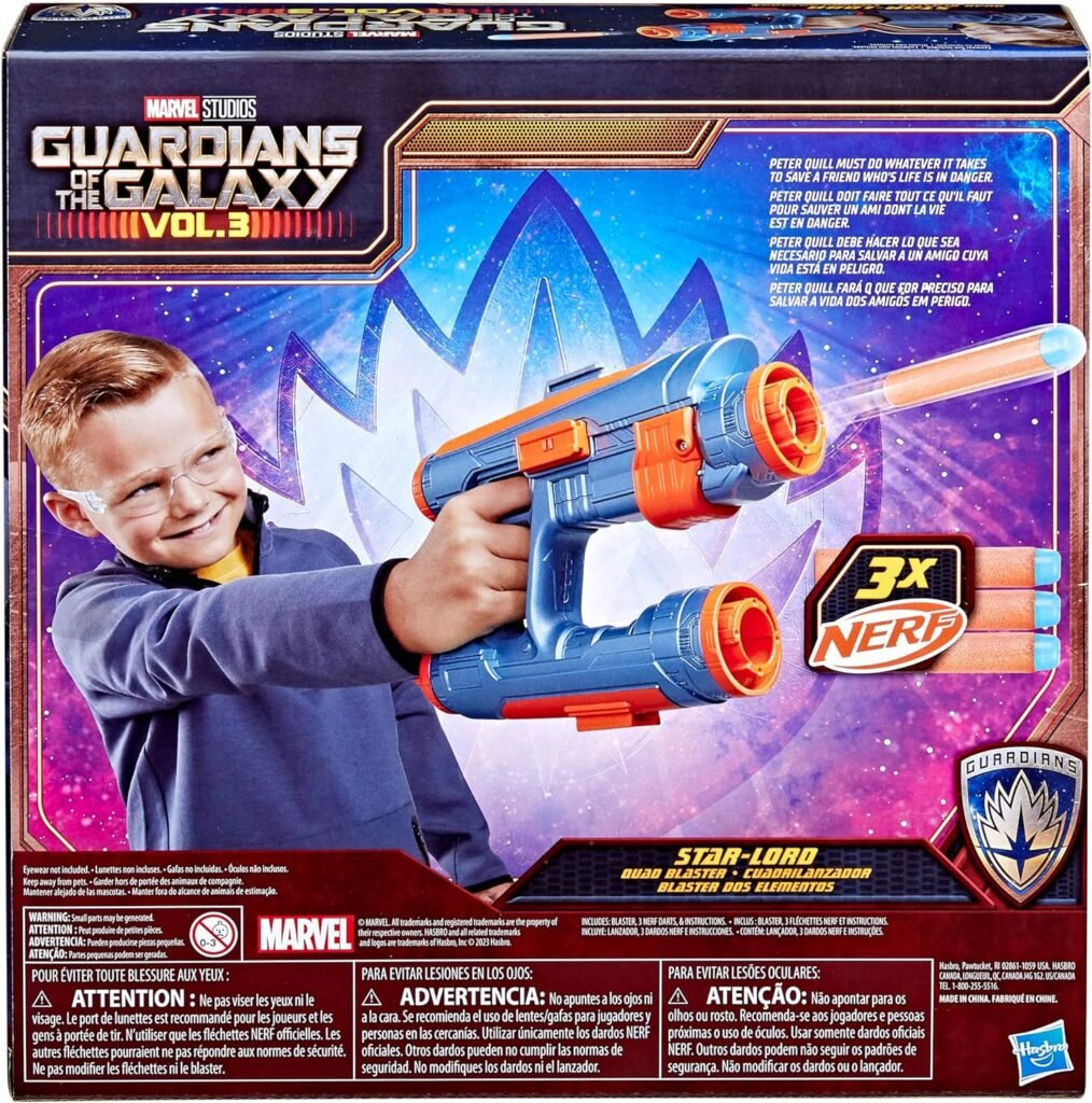 Marvel Studios Guardians of The Galaxy Vol. 3 Nerf Star-Lord Quad Blaster, 3 Nerf Darts, Role Play Super Hero Toys, 5+