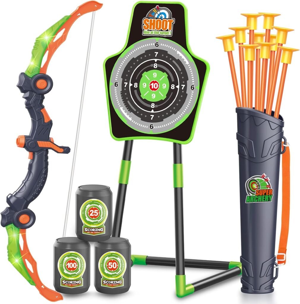 SpringFlower 2 Bow and Arrow Sets with LED Light-up,2 Foam Dart Guns for Kids 5 6 7 8 9 10+ Years Old, Archery Set with Standing Target for Boys  Girl, Ideal Gift