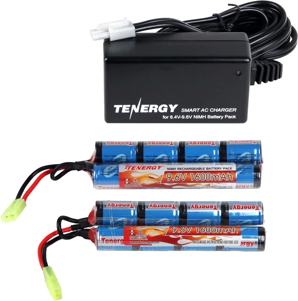 Tenergy Combo Charger and 2 Pack 9.6V NiMH 1600mAh Rechargeable Butterfly Battery Packs with Mini Tamiya Connector for Airsoft AEGs