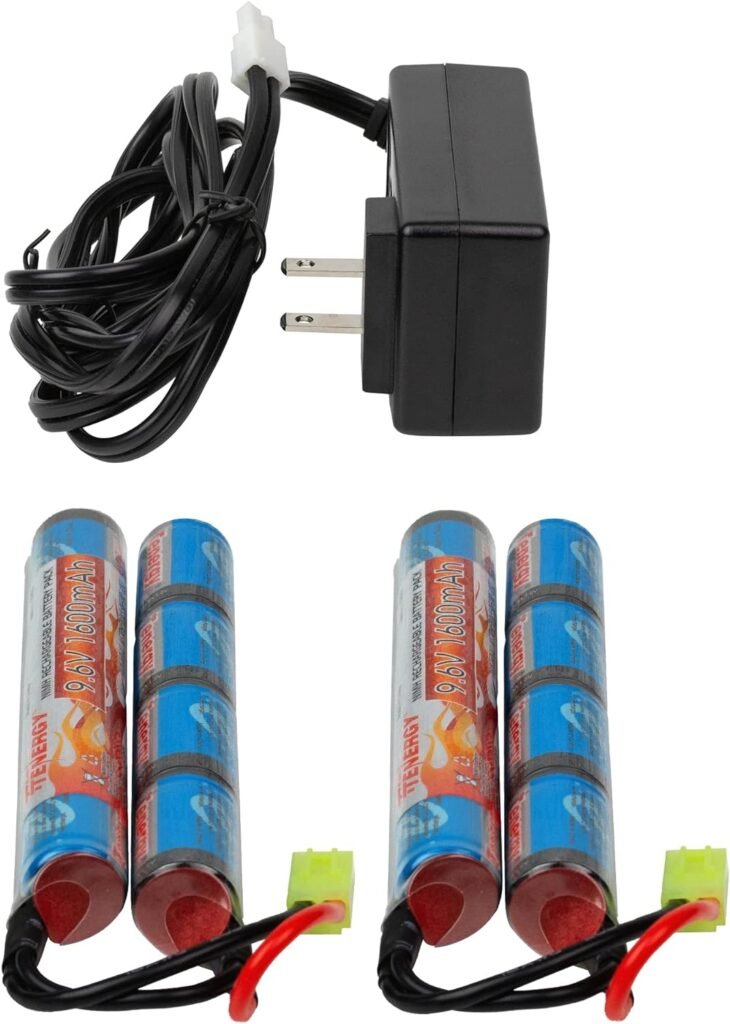 Tenergy Combo Charger and 2 Pack 9.6V NiMH 1600mAh Rechargeable Butterfly Battery Packs with Mini Tamiya Connector for Airsoft AEGs
