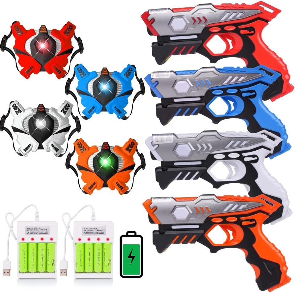 VATOS Rechargeable Laser Tag Guns - 4 Sets Infrared Laser Tag Sets with Gun Vest Included Rechargeable Battery  Charger | Lazer Tag Game for Boys Girls Toy Gifts for Kids Age 6-12 Years Old Adults