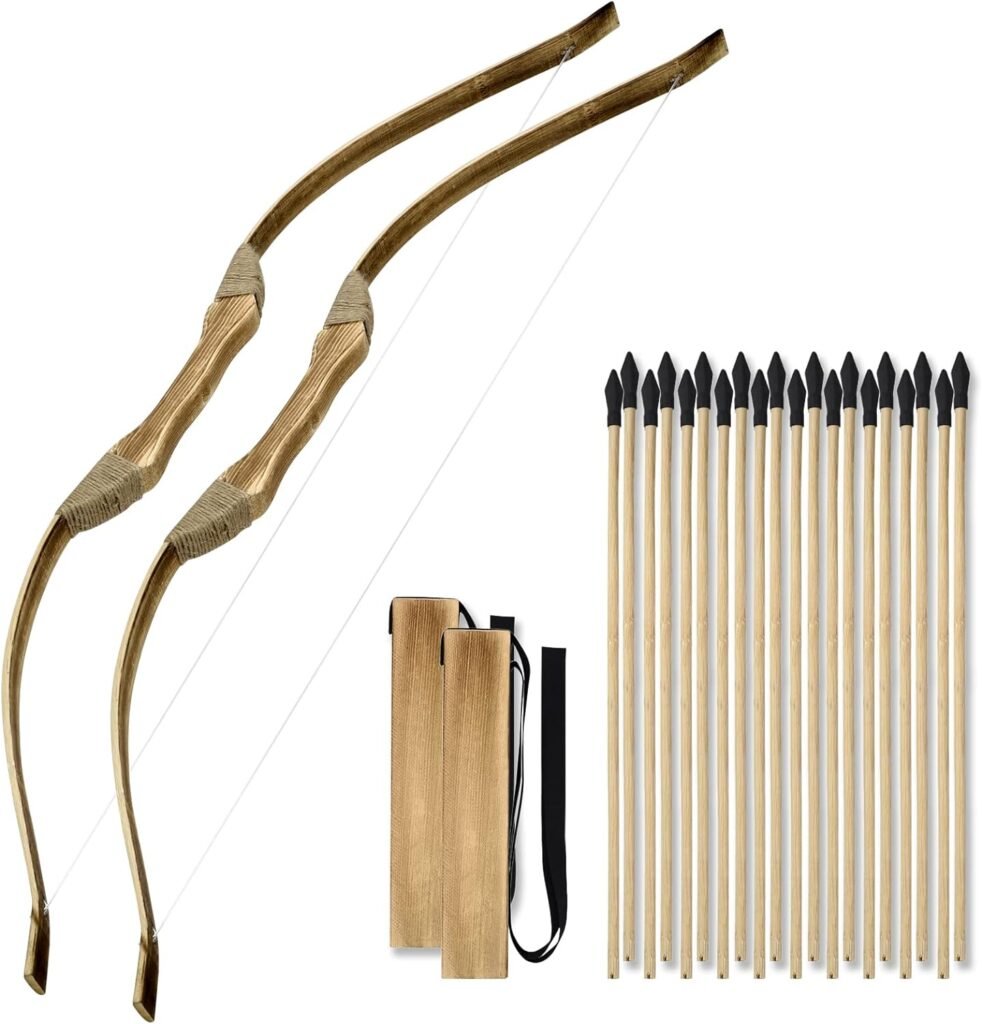 2 Pack Wooden Bow and Arrow Set, Handmade 32 Inch Toy Bow and Arrow for Kids, 2 Bows 2 Quivers and 20 Wood Arrows, Archery Set Outdoor and Indoor Games Toys, Gifts for Kids Youth Boys and Girls