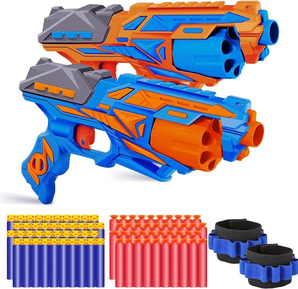 POKONBOY 2 Pack Toy Foam Blaster Gun, Blaster Toy Gun with 2 Wristbands and 80 Pcs Refill Darts 6-Dart Rotating Drum Toy Blaster Compatible with Nerf Birthday for Boys and Girls Age 6+ (Blue  Orange)