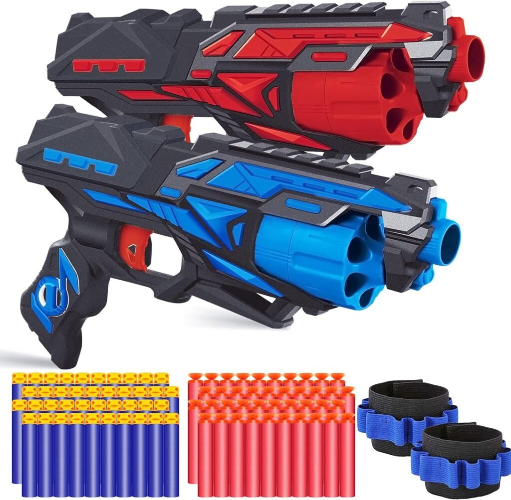 POKONBOY 2 Pack Toy Foam Blaster Gun, Blaster Toy Gun with 2 Wristbands and 80 Pcs Refill Darts 6-Dart Rotating Drum Toy Blaster Compatible with Nerf Birthday for Boys and Girls Age 6+ (Blue  Orange)
