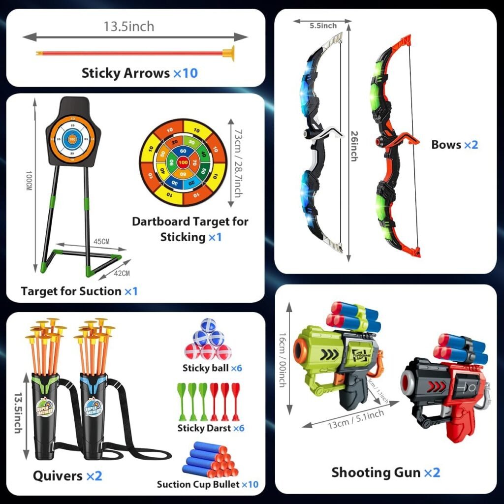VATOS 2 Pack Bow and Arrow Toy for 5 6 7 8 9 10 11 Year Old Boys Girls, Light Up Archery Toy with Cup Suction Standing Target  29 in Dart Board, Indoor Outdoor Activity Toys Birthday