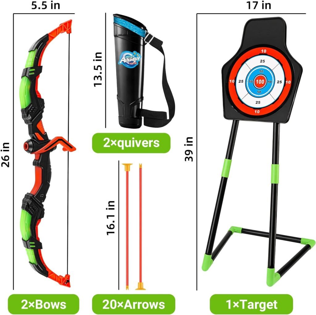Bow and Arrow for Kids 4-6-8-12 Years Old, Archery Toy Set for Boys with LED Lights - Includes 2 Bows, 20 Suction Cup Arrows, 2 Quivers  Standing Target, Outdoor Toys for Kids Boys Girls
