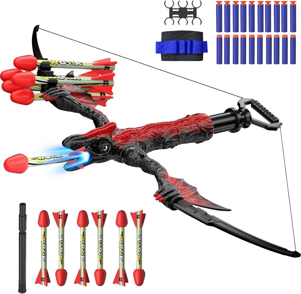 Dinosaur Toys, Bow and Arrow Set for Kids, Archery Set with 6 Foam-Tipped Arrows, RC Servo Gears, 20 Bullets, and a Wristband, Christmas Birthday Present for 4-12 Boys and Girls (Black)