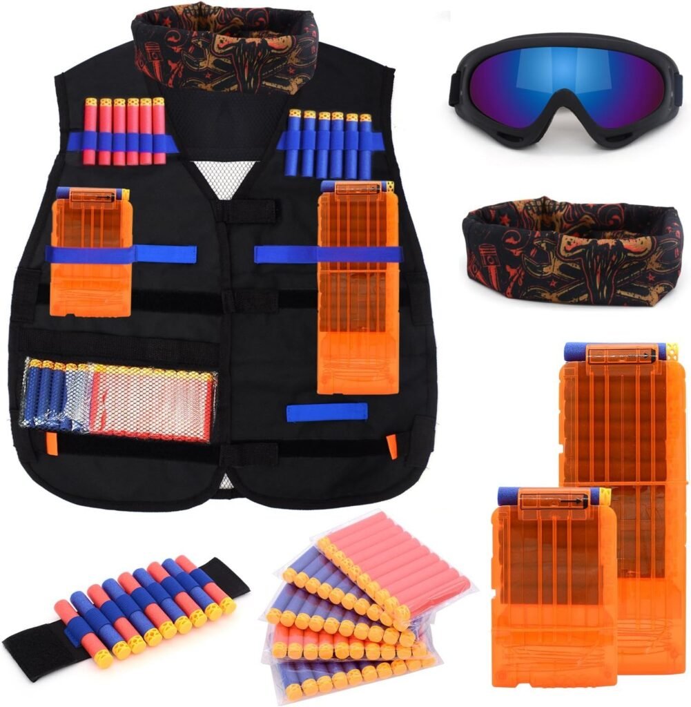 Kids Tactical Vest Kit for Nerf Guns, N-Strike Elite Series with 50 Bullets Refill Darts + 2 Reload Bullet Clips + Face Tube Mask + Protective Glasses + Hand Wrist Band