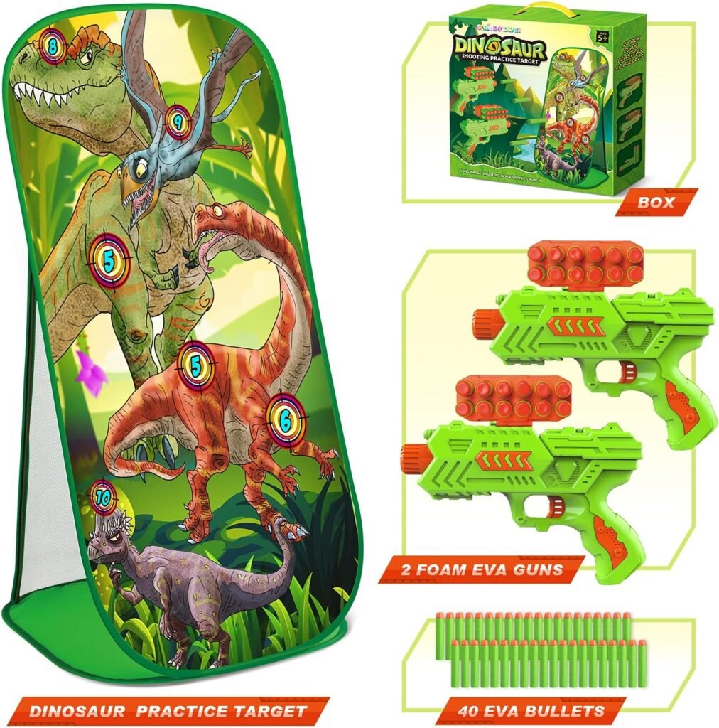 Dinosaur Shooting Game Toys for 5 6 7 8 9 10+Years Old Boys  Girls,2 Foam Dart Toy Guns and Dinosaur Shooting Practice Target, Indoor Activity Game for Kids, Compatible with Nerf Guns