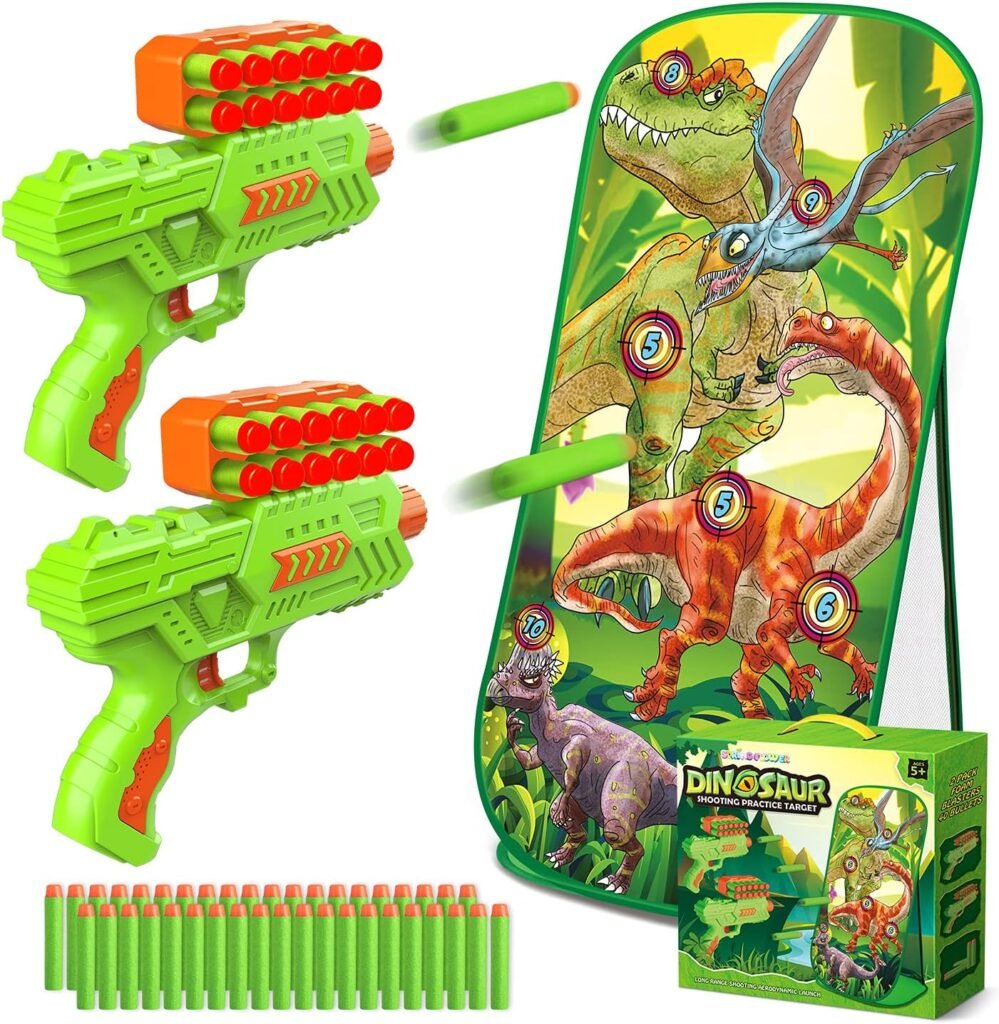 Dinosaur Shooting Game Toys for 5 6 7 8 9 10+Years Old Boys  Girls,2 Foam Dart Toy Guns and Dinosaur Shooting Practice Target, Indoor Activity Game for Kids, Compatible with Nerf Guns